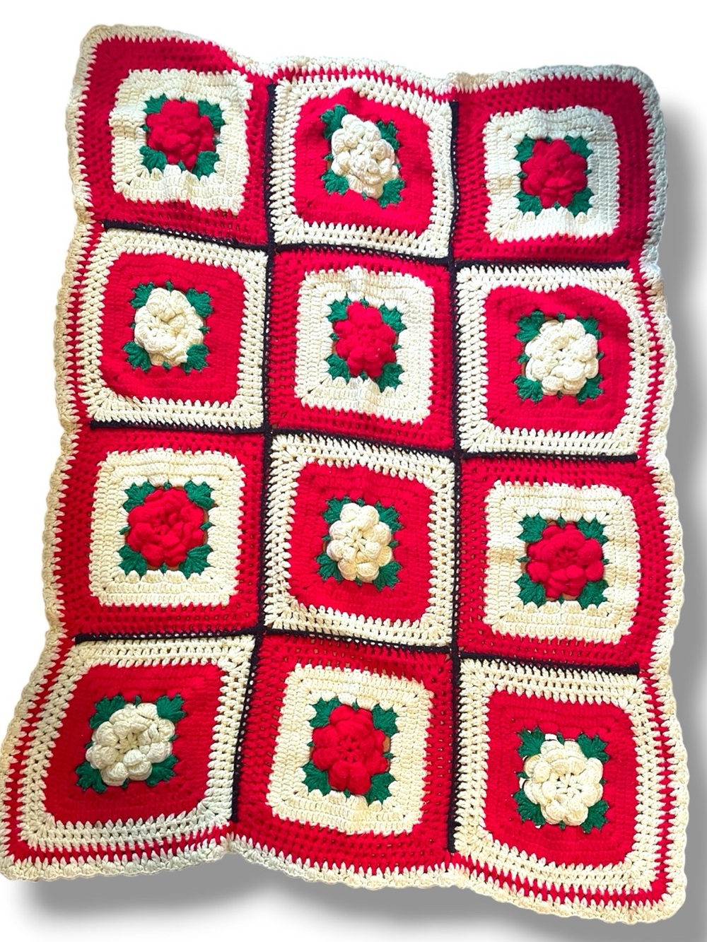 Vintage throw, 3D roses, granny squares, Christmas rose, 40 x 50 inches